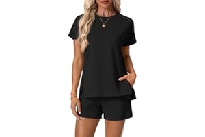 Lepunuo 2 Piece Short Sets for Women Summer Outfits Short Sleeve Tops Elastic Waist Shorts Lounge Set Vacation Travel Outfits