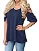 LILBETTER Women's V Neck T Shirts Casual Loose Cut Out Shoulder Blouses (Navy Blue L)