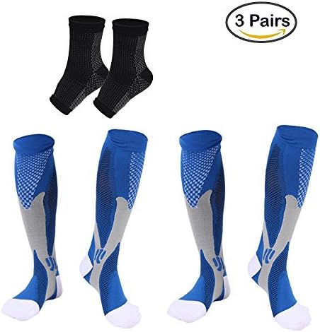 3 Pairs Graduated Compression Socks 20-30Mmhg Athletic Support Socks for Sports, Pregnancy, Flight Boost Stamina Long Socks (XXL(W14.5-16.5 M13-16), Blue)