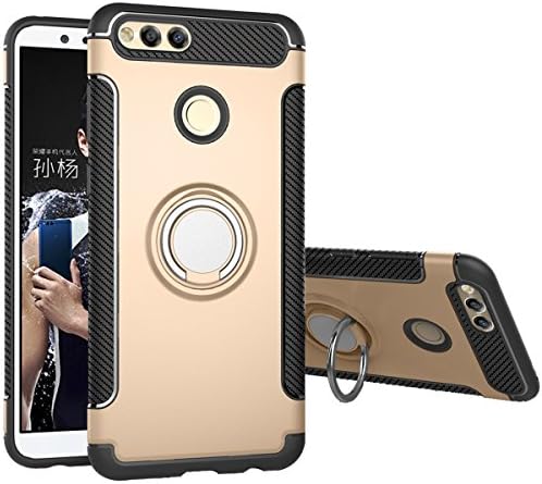 Coolke Dual Layer Shockproof TPU Silicone + PC Hard Back shell 360 Rotating Ring Grip Holder Kickstand with Back Magnetic Circle Protective Case Cover for Huawei honor 7x - Golden