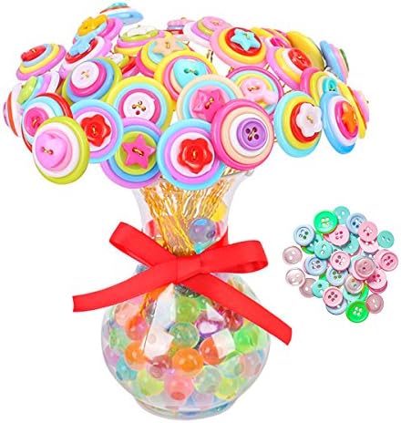 DIY Button Flowers Set, Craft Iron Wire Button Felt Bouquets Kit, 30 flowers with Glass Bottle