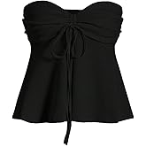 QJQ Women's Strapless Ruched Tube Tops Tie Front Flared Hem Peplum Bandeau Babydoll Tops Summer Vacation Outfits
