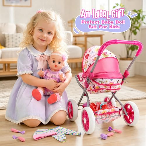 HappyGoLucky Baby Stroller with 28 cm Doll, Clothes and Accessories Dolls Roleplay Girl 3-7 Years Dolls Pram Gift Girl 2-8 Years Toys Child