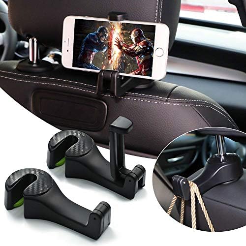 Car Headrest Hooks Car Hooks with Phone Holder Universal Vehicle Car Seat Back Hooks with Cell Phone Bracket Stand for Bags Purses Cloth Groceries Water Bottles(2 Pack)