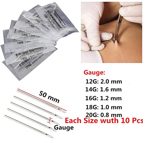 Tattoo Needles Ear Nose Piercing Needles,50pcs Mixed Body Piercing Needles Including Sizes 12g 14g 16g 18g 20g for Piercing Supplies Piercing Kit Body Piercing Tool