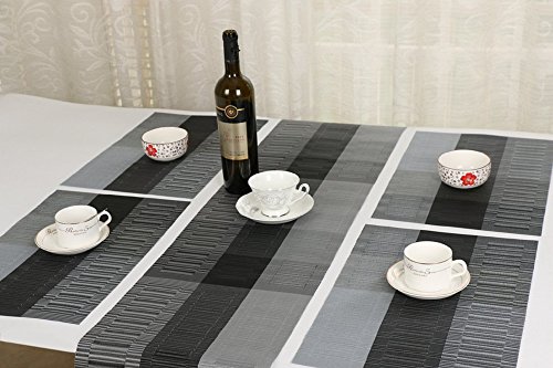 Famibay PVC Table Place Mats and Table Runner - Heat Insulation PVC Placemats Stain-resistant Woven Vinyl Table Mats for Kitchen (Set of 4 and Table Runner, Black)