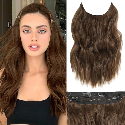 Photo 1 of BUPPLER Halo Hair Extensions 16 Inch Invisible Wire Hair Extensions Adjustable Long Wavy Hairpiece Synthetic Upgrade 4 Secure Clips in Hairpieces 16 Inch,Medium Brown