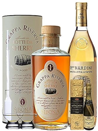 Grappa Set Andrea da Ponte 5cl, Sibona Sherry 0,5L, Nardini Aquavite 1,0L + 2 Glencairn Gläser und Pipette
