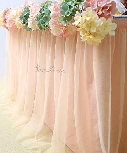 Fanqisi Tulle Table Skirt 3 Yard Light Peach Fluffy Satin Craft Table Skirting for Sweetheart Cake Table Event Birthdays Rectangle Table Decoration - Thumbnail 5
