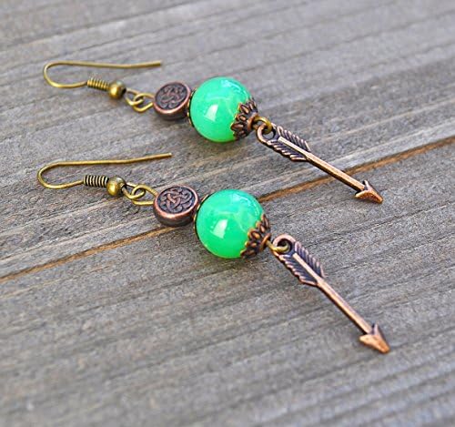 Green Arrow Earrings Bronze &amp; Copper Celtic Deisgn Artisan Arrow Earrings Vintage Green Lucite Beads Poison Arrow