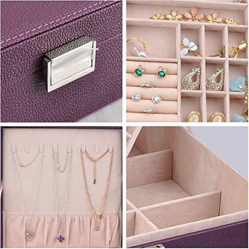 Nirong Lavie Women's Jewelry Box 2 Layer Faux Leather Square-Shaped Lockable Jewelry Storage Organizer Display Case/ Box Travel Mini Jewelry Case Gifts (Purple)