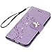 YOKIRIN iPhone 7 Case, iPhone 8 Case, 3D Handmade Crystal Rhinestone Shell Embossed Bling Floral Butterfly Folio Flip Leather Wallet Case TPU Inner Card ID Holder Wrist Strap Skin, Purple