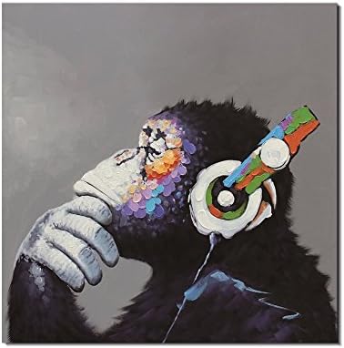 Thinking Gorilla in Headphones Funny Monkey Animals Creative Art Paintings 100% Handpainted Canvas Oil Paintings Wood Stretched Home Decor Ready To Hang 32x32inch