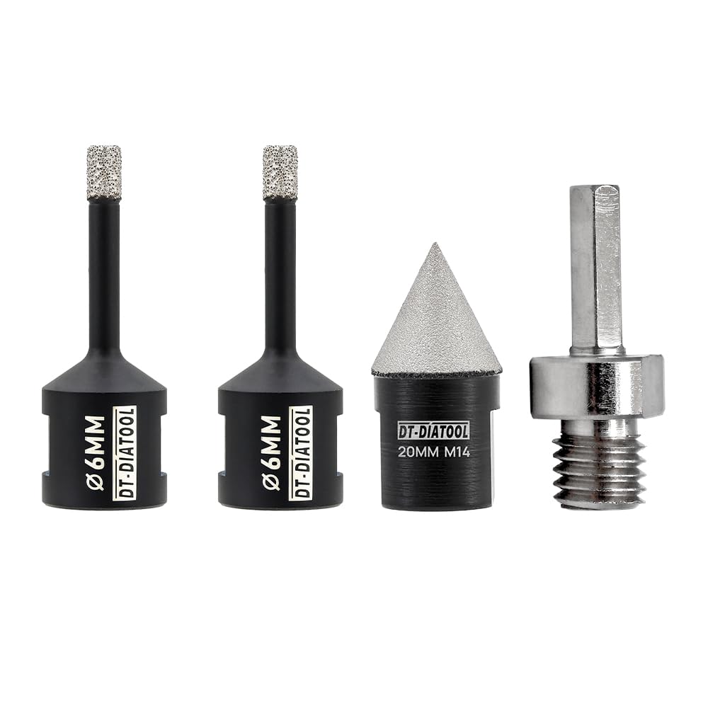 DT-DIATOOL Diamond Core Drill Bits Kit- 2pcs 6mm drill bits with 20mm Diamond Chamfer Bit M14 Thread and Hex Adapter Hole Saw Set for Porcelain Ceramic Tile Marble Granite — image 1