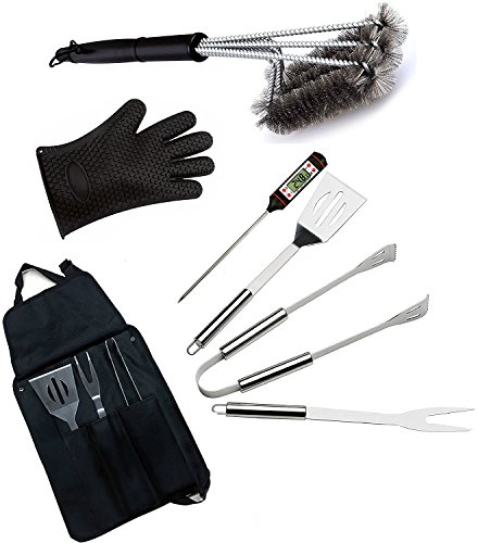 OLIVIA & AIDEN 6 Piece Stainless Steel BBQ Accessory Set - BBQ Spatula, BBQ Tongs, BBQ Fork, Grill Scrubber Brush, Meat Thermometer, Heat Resistant BBQ Glove and Carry Case - Great Value BBQ Tool Set