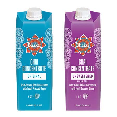 Bhakti  Chai  Tea Concentrate, Original & Unsweetened, Fresh Pressed Ginger and Black Tea Blend, Vegan, Organic, Fair Trade, Kosher, Gluten-Free, & All-Natural Clean Ingredients (32 Ounce, Variety 2 Pack)