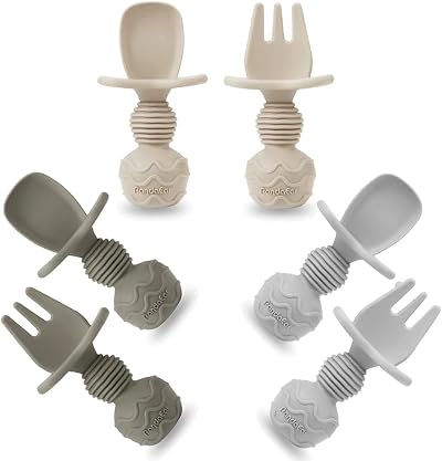 PandaEar 6 Pack Silicone Baby Weaning Spoons and Forks Set Tan Walnut Grey