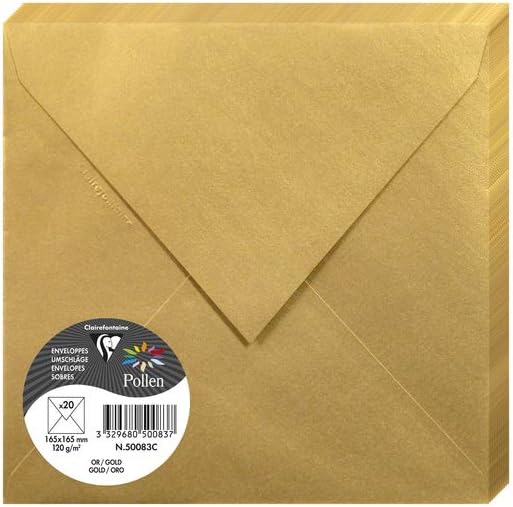 Clairefontaine 50083C Gold Iridescent Paper Pack of 20 Gummed Envelopes Square 16.5x16.5cm 120gsm Invitation Events Correspondence Pollen Range Premium Smooth