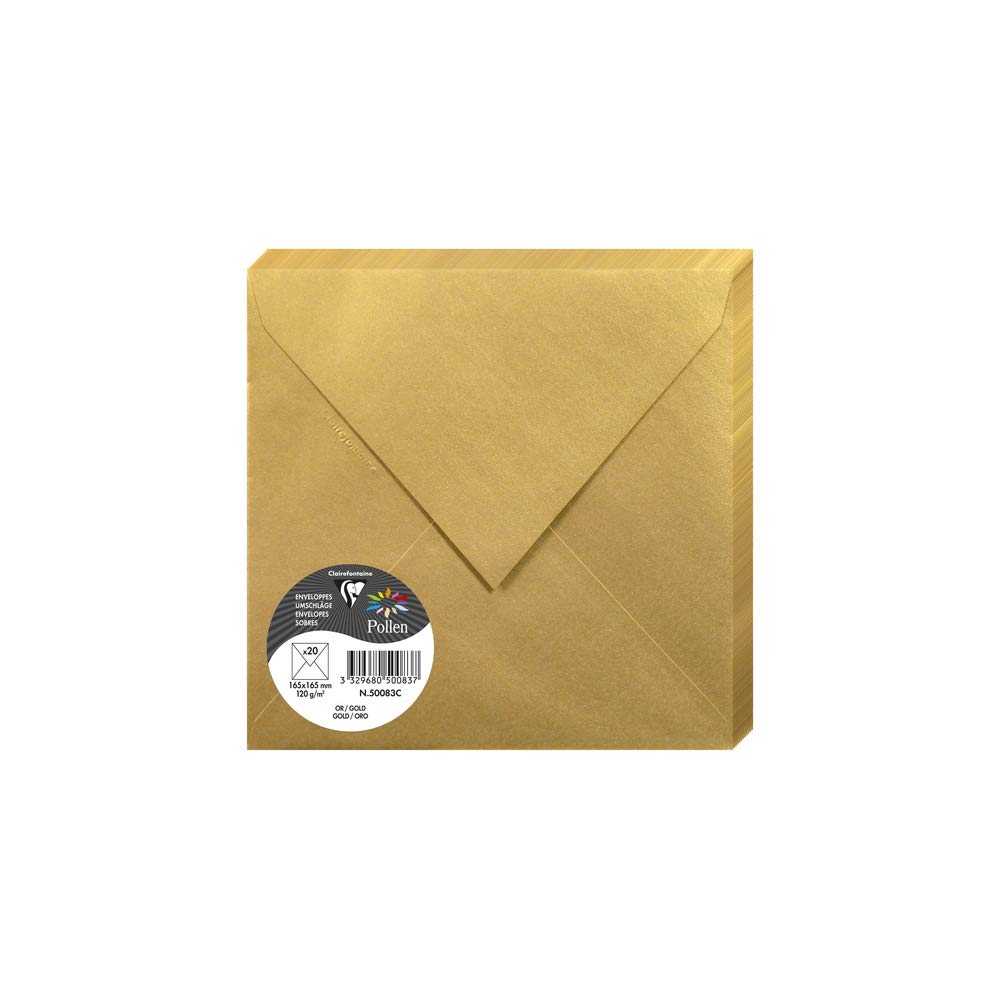 Clairefontaine 50083C Gold Iridescent Paper Pack of 20 Gummed Envelopes Square 16.5x16.5cm 120gsm Invitation Events Correspondence Pollen Range Premium Smooth