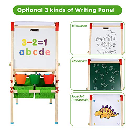 CIRO kids wooden art easels 3-in-1 chalkboard/whiteboard/paper roll (1 apron, 2 gloves, a full set of art supplies accessories)