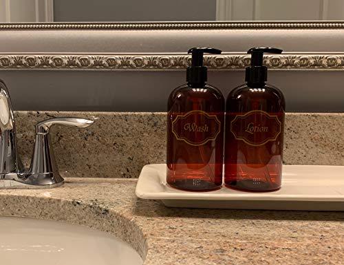 Bottiful Home- 16 oz Refillable Empty Amber PET Plastic Bathroom Soap and Lotion Dispenser Pump Bottle Set-Gold Printed-Black Pumps-Fully Waterproof, Rust-Free, Clog-Free, Drip-Free