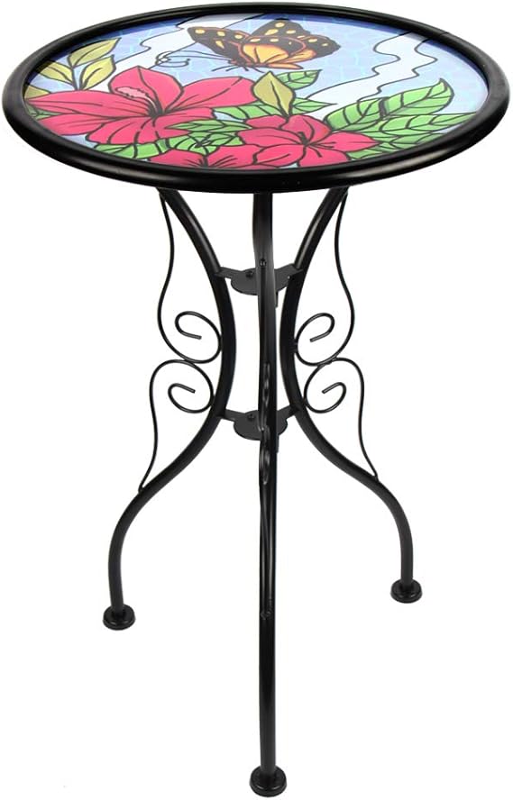 Amazon Com Hongland Butterfly Outdoor Side Table Accent Round Painted Glass Desk For Garden Patio Dining Room 14 Inches Kitchen Dining