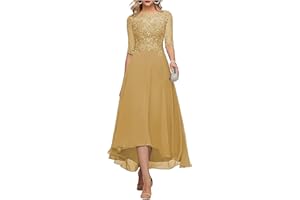FNKSCRAFT Lace Appliques Mother of The Bride Dress 3/4 Sleeves A line Tea Length Chiffon Formal Wedding Party Prom Gowns for Women