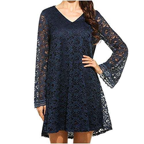 Women's Casual Lace Floral Long Sleeve V-Neck Mini Dress Elegant