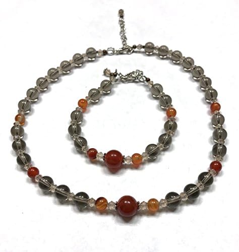 Natural Carnelian and Smoky Quartz Necklace and Bracelet Set. Crystal Accents. Bohemian Style. Adjustable. Root and Sacral Chakra Balance. Prosperity Stone.