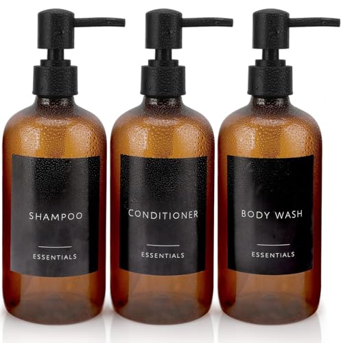Photo 1 of Insdawn Shampoo and Conditioner Dispenser 21oz Set of 3 Plastic Shower Soap Bottles with Pump and Labels Stylish Shampoo Conditioner Body Wash Dispenser 2cc, Brown
