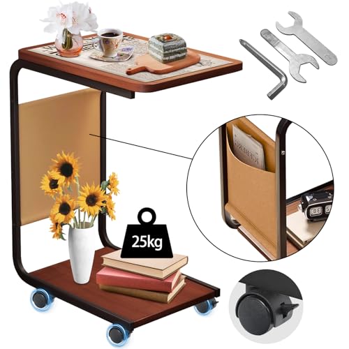 RUKKOVIL Mesa Auxiliar Sala con Ruedas, Mesa para Cama de Noche 2 Niveles en Forma de C, Mesitas para Sala con Estructura de Metal, Dormitorio, Trabajar Desde Casa, para Estudiar, Salón