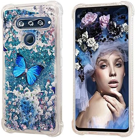 AUMIAU LG V40 Case with Tempered Glass Screen Protector [2 Pack] for Girls Women, Glitter Liquid Quicksand Clear Cute Lovely Soft TPU Shockproof Cases Cover for LG V40 ThinQ 2018 Release (Blue)
