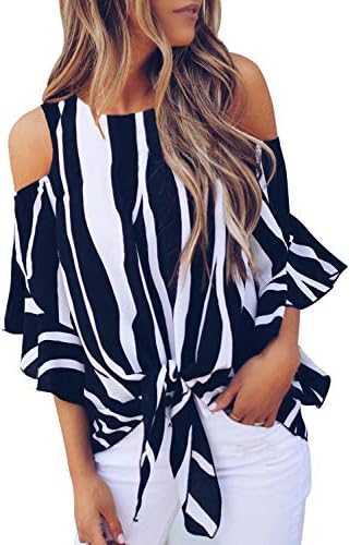 Women's Off Shoulder Bell Sleeve Shirt Tie Knot Casual Blouses Tops(S-XXL)