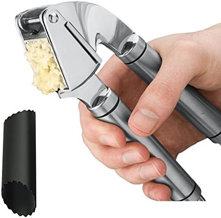 EALEK Garlic Press & Silicone Peeler Set,Highly Durable Stainless Steel Garlic Mincer Crusher and Peeler Set Silicone Tube Roller