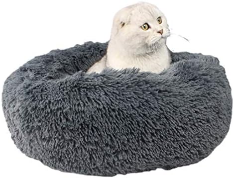 ALLNEO Cat Beds & Furniture,Calming Dog Beds for Small Medium Dogs,Detachable Cat Bed for Indoor Cats, Anti-Slip Faux Fur Fluffy Donut Cuddler Cat Cave, Fits up to 13-40 lbs (L-28 * 28 * 7inch,Grey)