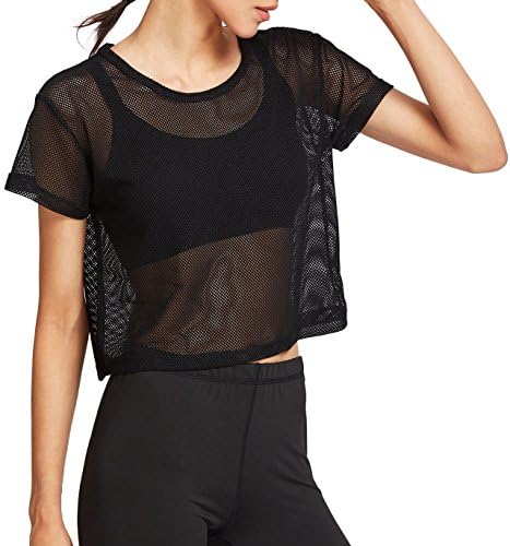 Jollymoda Women's Sexy Sheer Mesh Fishnet Net Short Sleeve T-Shirt Crop Top