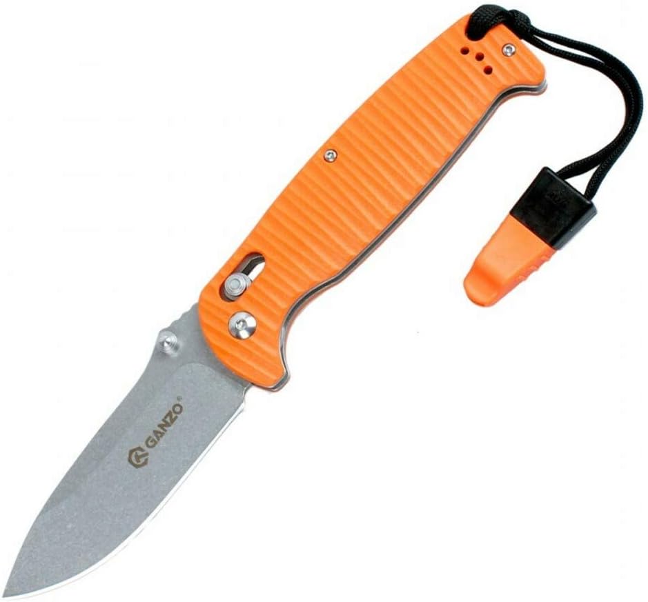 Ganzo G7412P-OR-WS Orange Folding Knife with Whistle Ribbed Handle G10 Grey Blade 440c Lock Axis
