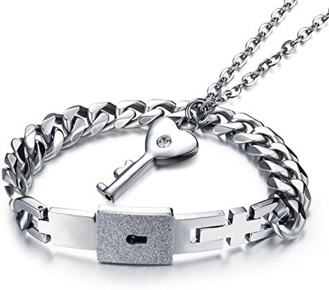 Valoven "Eternal Love" Concentric Lock Key Stainless Steel Inlaid Zircon Couples Bracelet Necklace