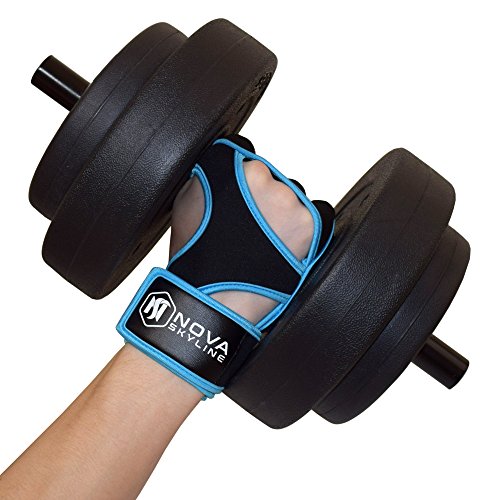 Nova Skyline Gym, Weightlifting, Workout, Fitness & Crossfit Gloves - Padded Palm, Fingerless, Ultralight Weight, 16” Wrist Support Wrap - Men & Women - Large - Blue