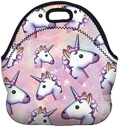 Neoprene Lunch Bag Tote Reusable Insulated Lunch Box for Kids Teens Kids Girls School Picnic Carrying Organizer (Emoji Unicorn)