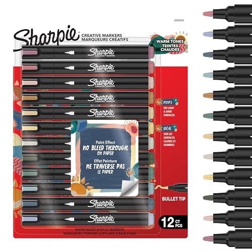 Sharpie Creative Marker Acrylic Paint Pens | Water-Based Paint Markers | No-Bleed Ink Writes on Most Surfaces | Bullet Tip | Crafting & Art Supplies | Warm Tones | 12 Count