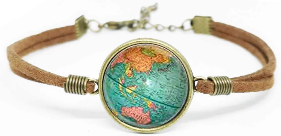 Steampunk Leather Bracelet Earth World Globe Map for Women Men Charms Lucky Brown Chain Adjust Fashion Friendship