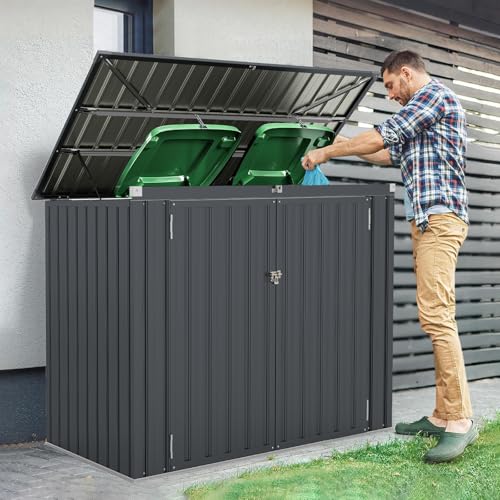 Goplus Outdoor Trash Can Storage Shed, Large Lockable Garden Shed w/Double Openings, 2 Doors, Galvanized Steel Frame, Storage Organizer for Backyard Garden Patio Lawn, 172 x 95,5 x 130 cm (L x W x H)