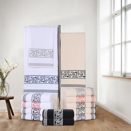 Superior Greek Pattern Decorative 6-Piece Towel Set, Absorbent Premium Cotton, Decor for Bathroom, Spa, Includes 2 Hand, 2 Face, and 2 Bath Towels, Home Essentials, Athens Collection, Chocolate