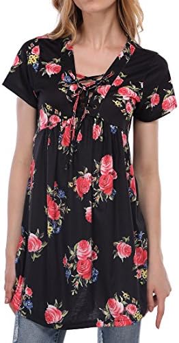 ShiZiBan Women Floral Print T-Shirt Short Sleeve Lace-up Blouse Tops