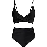 Amy Babe Women's High Waisted Bikini Sets Push Up Twist Front Spaghetti Straps Ruched Two Piece Swimsuit Bathing Suit