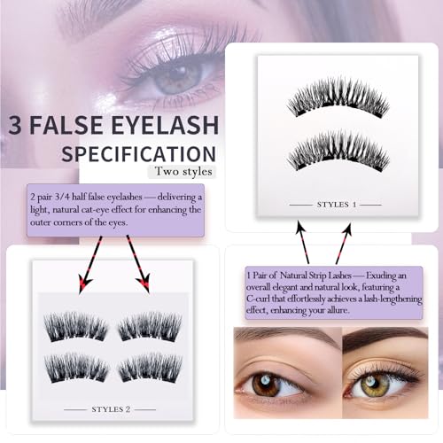 Magnetic Eyelashes with Applicator – 3 Pairs Reusable Magnetic Lashes Natural Look, Wispy Strip & 3/4 Half False Eyelashes Kit, No Glue Needed, 4 Magnet Upgrade,Elegant Black Lash Box with Mirror