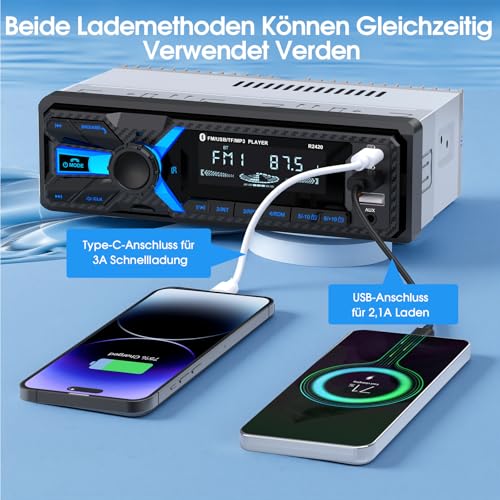 RDS Car Radio Bluetooth with Type-C Charging Port, CENXINY Car Radio 1DIN Bluetooth 5.0 Supports 2USB/AUX/SD/TF/EQ/DSP/Android and iOS