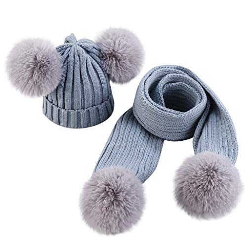 charmsamx Baby Winter Fall Warm Knit Hat Set Double Poms Pompom Hat Soft Wool Ball Hem Cap with Scarf for Baby Newborn Kids (Gray)