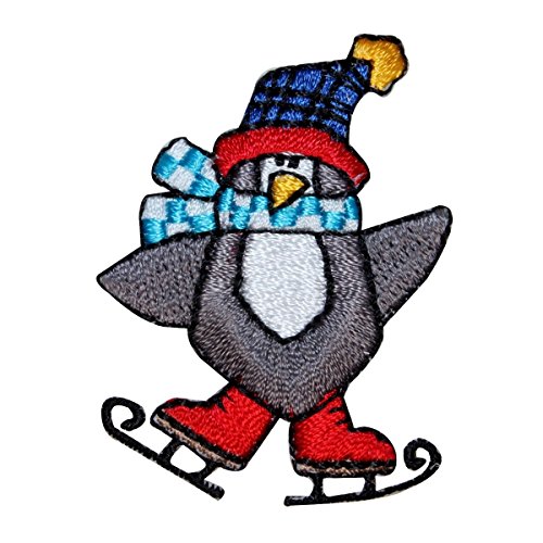 ID 8200B Ice Skating Penguin Patch Winter Holiday Embroidered Iron On Applique